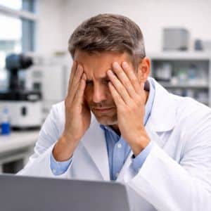 Die Messwerte stimmen nicht? Warum es sich Frustrierter QM im Labor vor Laptop bei der Analyse von Farbmessfehlern