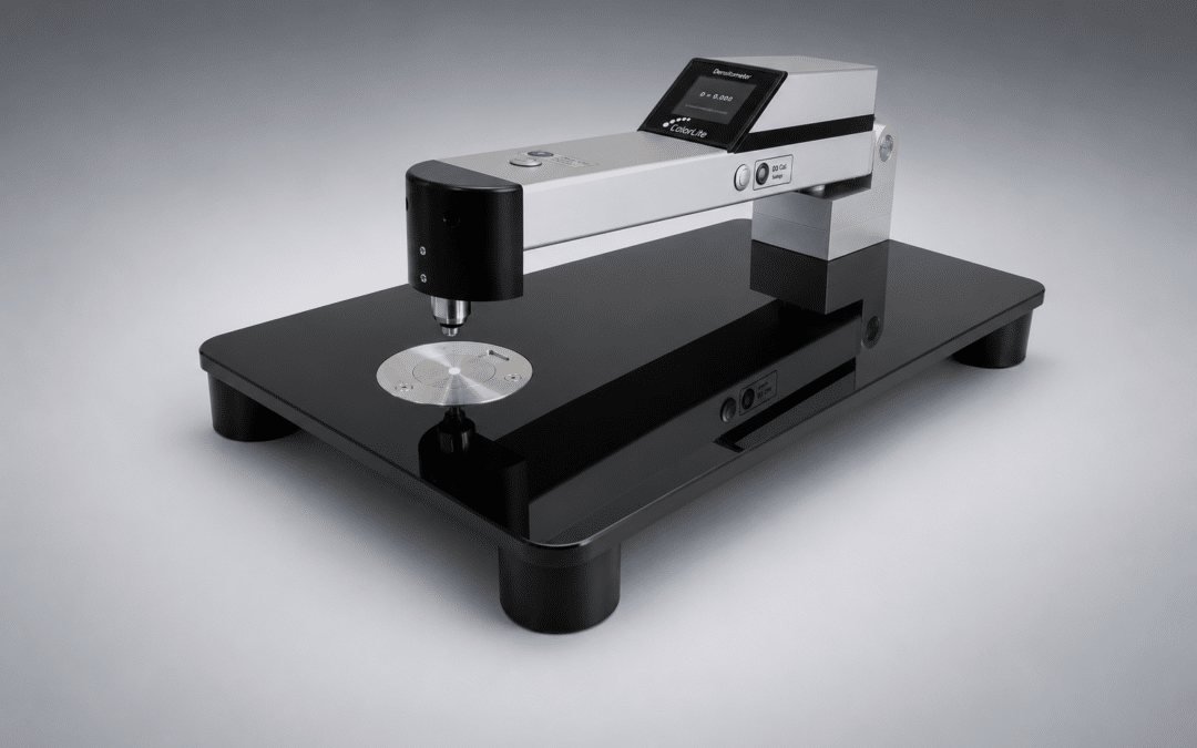 ColorLite sd350 Densitometer zur Messung der optischen Dichte auf grauem Studiohintergrund. Laborgerät zur Bestimmung der Lichttransmission und Berechnung der optischen Dichte.