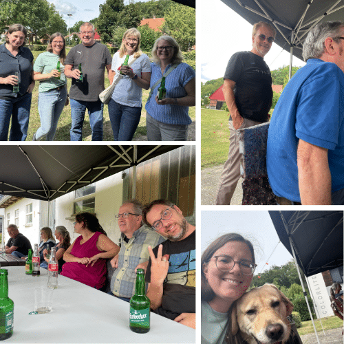 Mitarbeiterinnen und Mitarbeiter beim ColorLite Sommerfest 2026 in Elvershausen mit Getränken und Hund